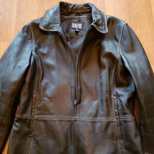 Blassport Black Leather Jacket Women Medium Full Zip Fitted Pockets Collar Lined